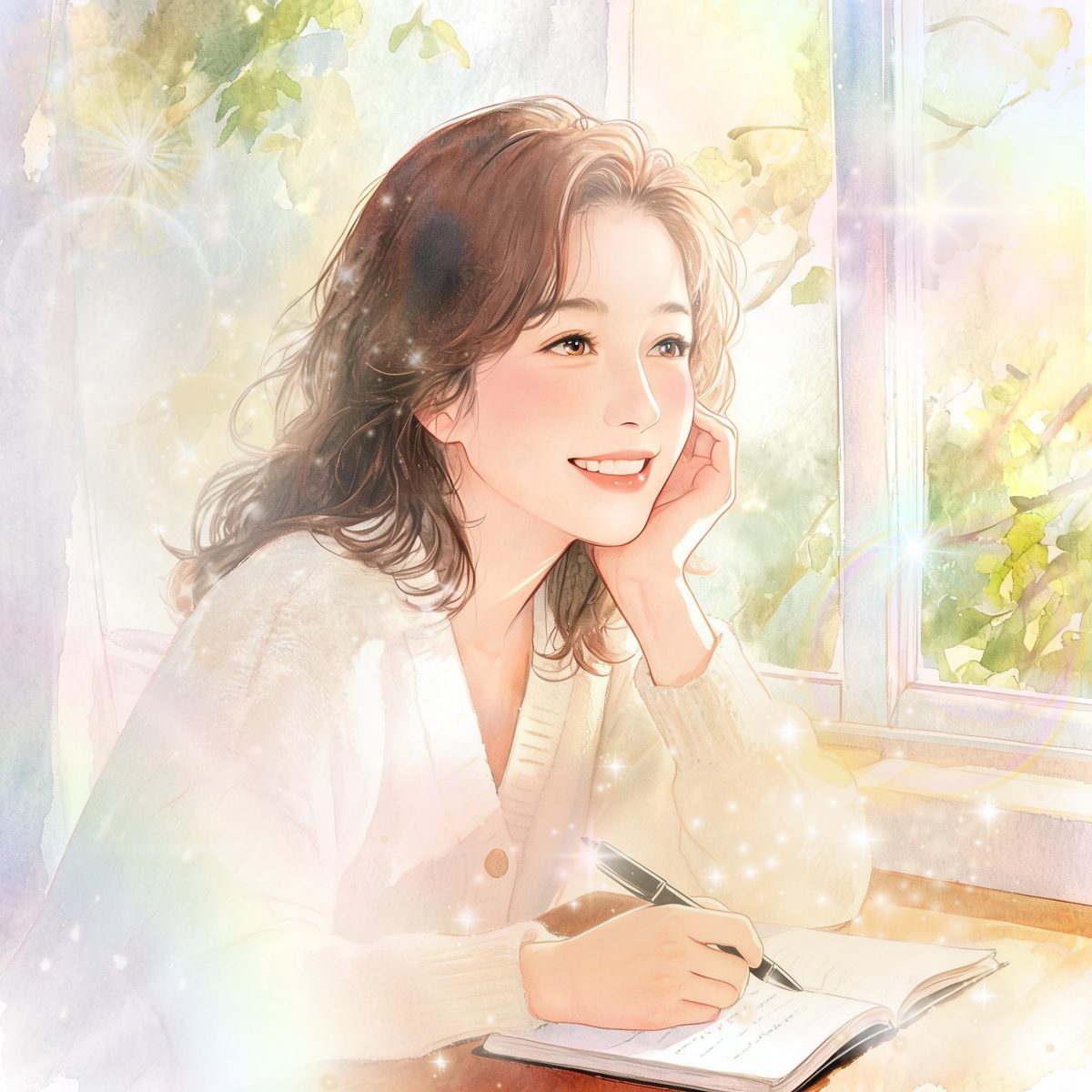 窓辺で頬杖をつき、ほほえみながら手帳にペンを走らせる女性の水彩イラスト